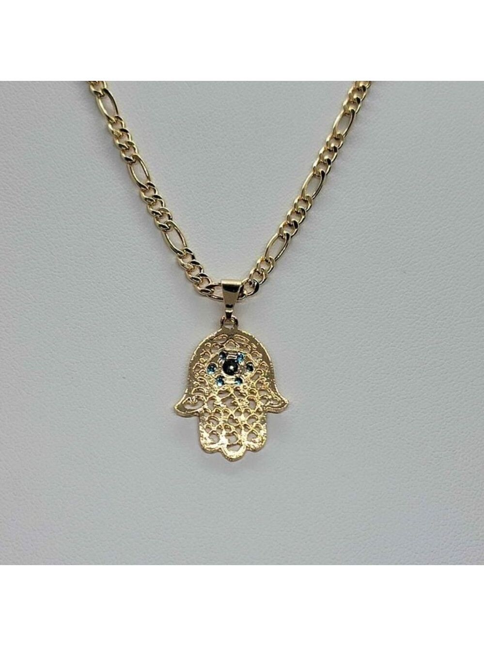 Brazilian 18k Gold Filled Hamsa with Blue Gem Evil Eye Design Necklace